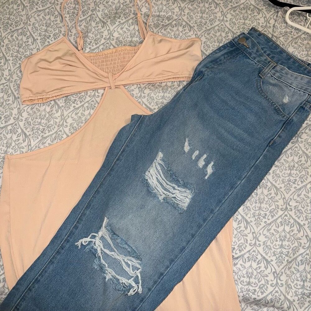 Nude cutout dress and baggy boyfriend jeans bundle set size XL ￼